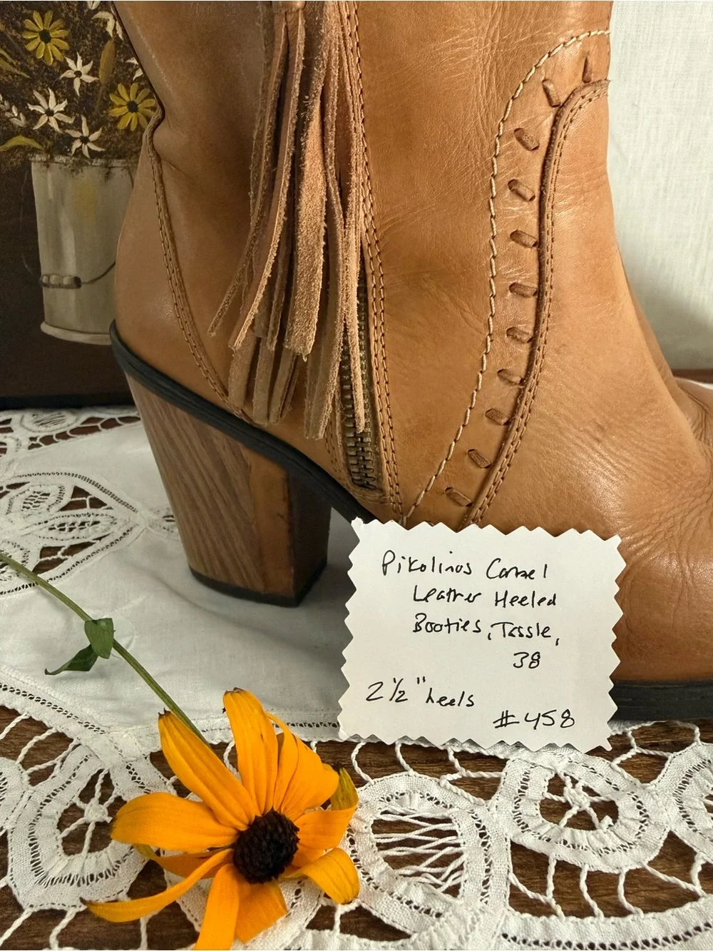 Pikolinos Leather Ankle Boots 38 US 7.5 8 Camel Tassel Boho Block Heel Boot